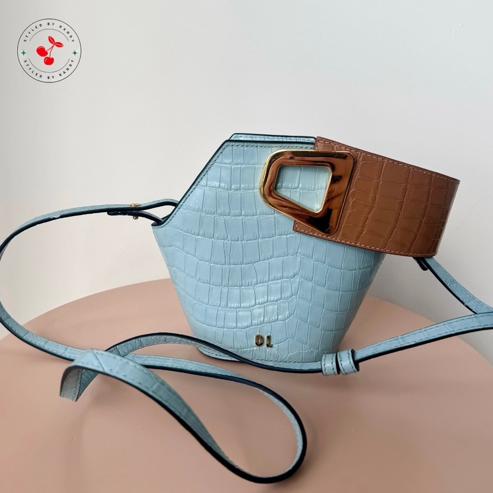 Danse Lente Crocodile Embossed Johnny Mini Bucket Bag in Blue and Brown